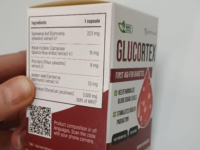 Hand hält die Glucortex Packung mit der Zutatentabelle