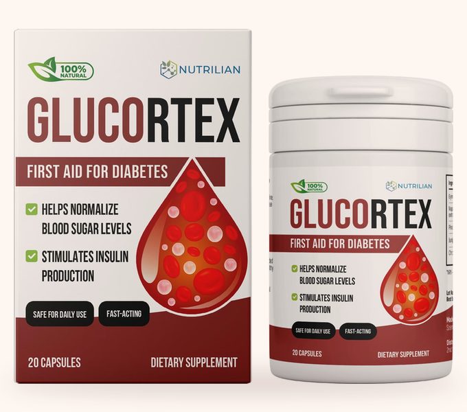 Bote y caja de Glucortex con 20 cápsulas