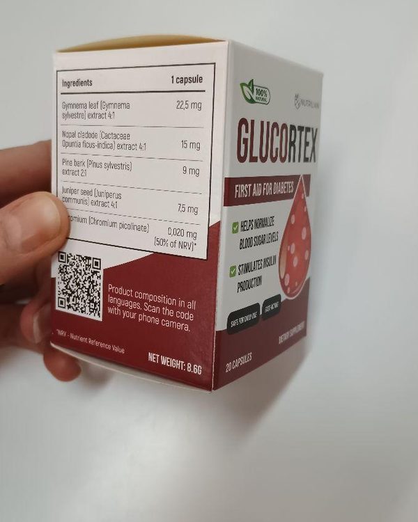 Krabička Glucortex s tabuľkou zloženia v ruke